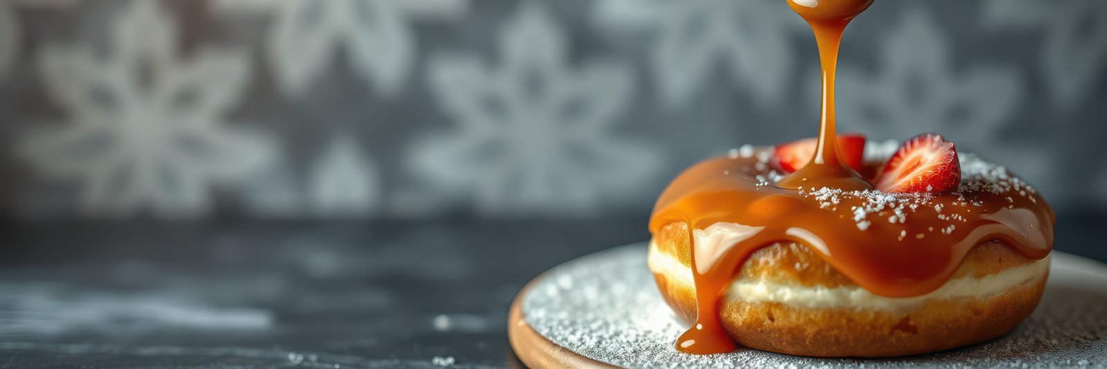 Decadent donut topped with caramel and strawberries in a cozy setting perfect for dessert lovers